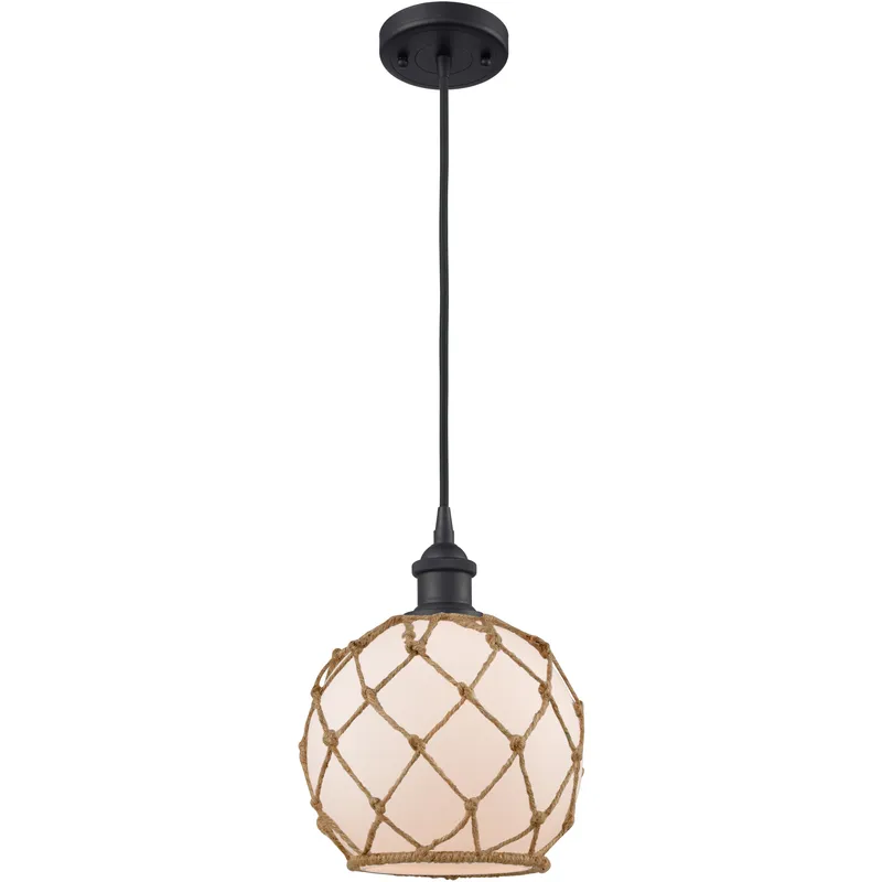 Ballston Farmhouse Rope LED 8 inch Matte Black Mini Pendant Ceiling Light in White Glass with Brown Rope, Ballston
