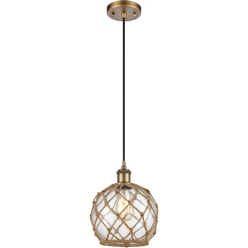 Ballston Farmhouse Rope LED 8 inch Brushed Brass Mini Pendant Ceiling Light in Clear Glass with Brown Rope, Ballston