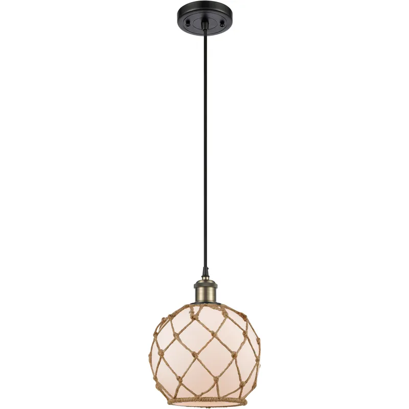 Ballston Farmhouse Rope LED 8 inch Black Antique Brass Mini Pendant Ceiling Light in White Glass with Brown Rope, Ballston