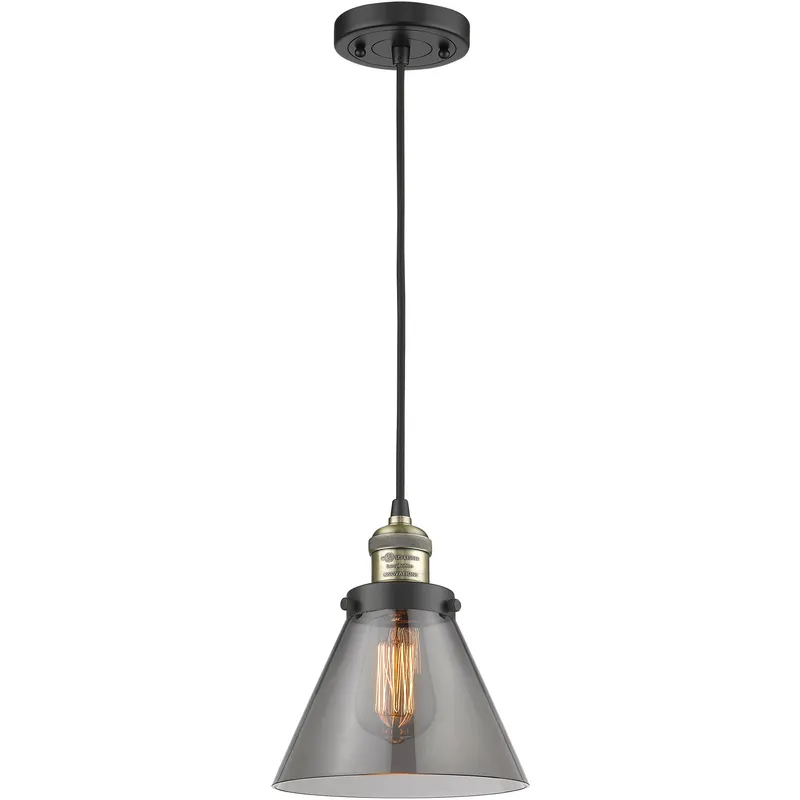 Franklin Restoration Cone 1 Light 8 inch Black Antique Brass Mini Pendant Ceiling Light in Bulb Not Included, Light Smoke Glass, Franklin Restoration