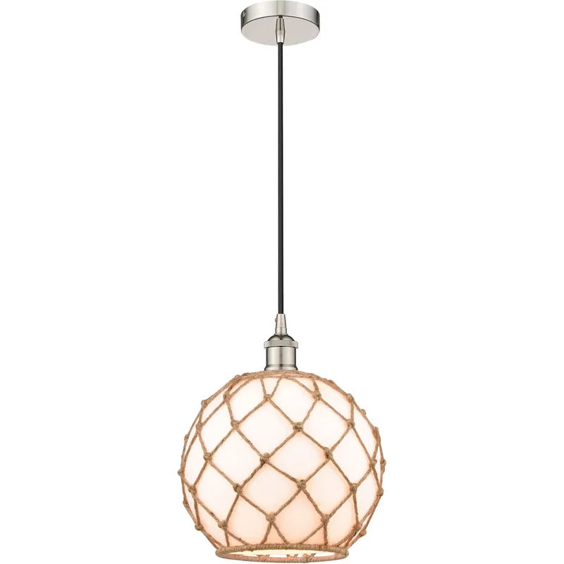 Edison Farmhouse Rope LED 10 inch Polished Nickel Mini Pendant Ceiling Light in White Glass with Brown Rope