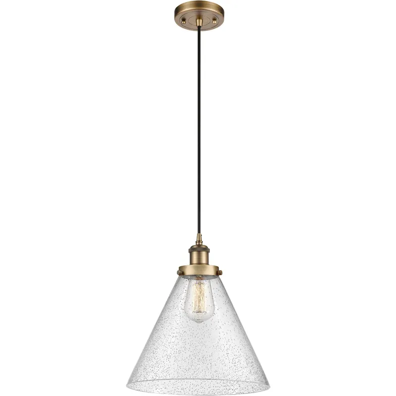 Ballston X-Large Cone LED 8 inch Brushed Brass Mini Pendant Ceiling Light in Seedy Glass, Black Textured