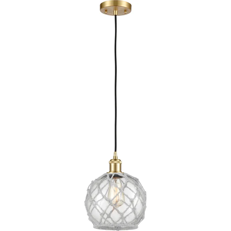 Ballston Farmhouse Rope LED 8 inch Satin Gold Mini Pendant Ceiling Light in Clear Glass with White Rope, Ballston