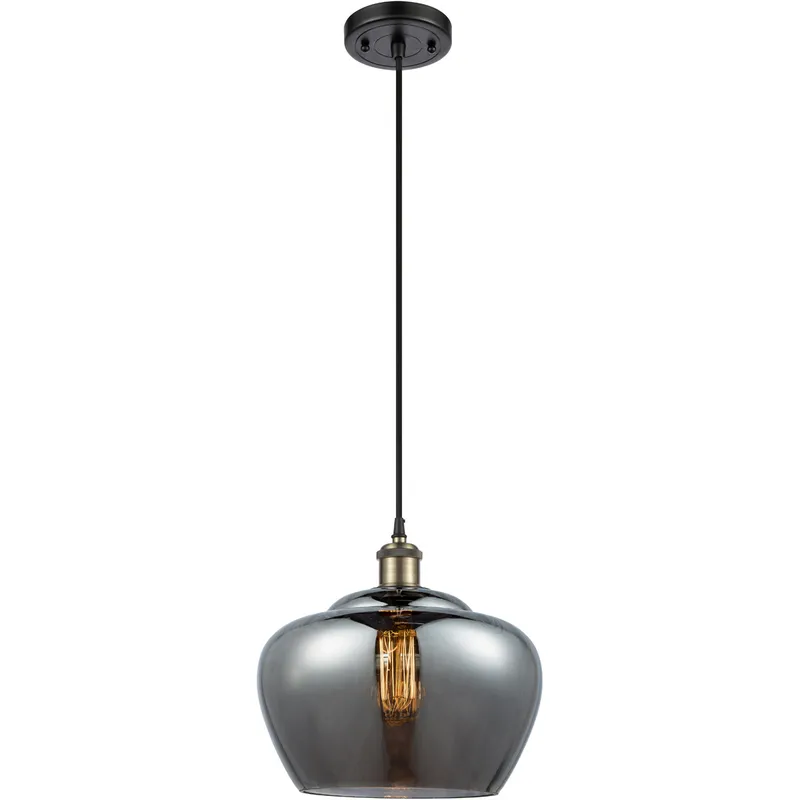 Ballston Large Fenton 1 Light 11 inch Black Antique Brass Mini Pendant Ceiling Light in Black Textured, Light Smoke Glass, Ballston