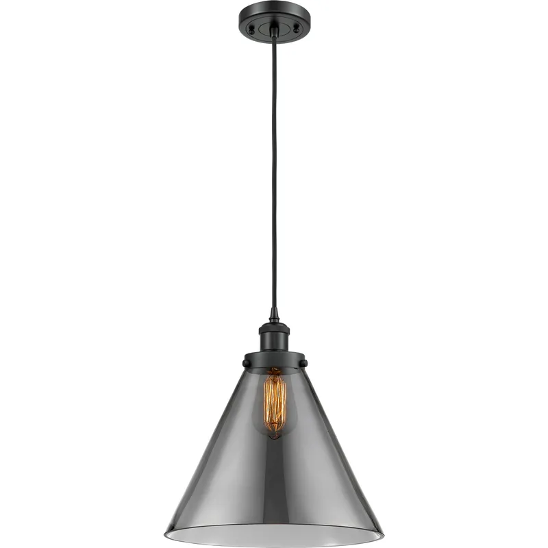 Ballston X-Large Cone LED 8 inch Matte Black Mini Pendant Ceiling Light in Plated Smoke Glass, Black Textured