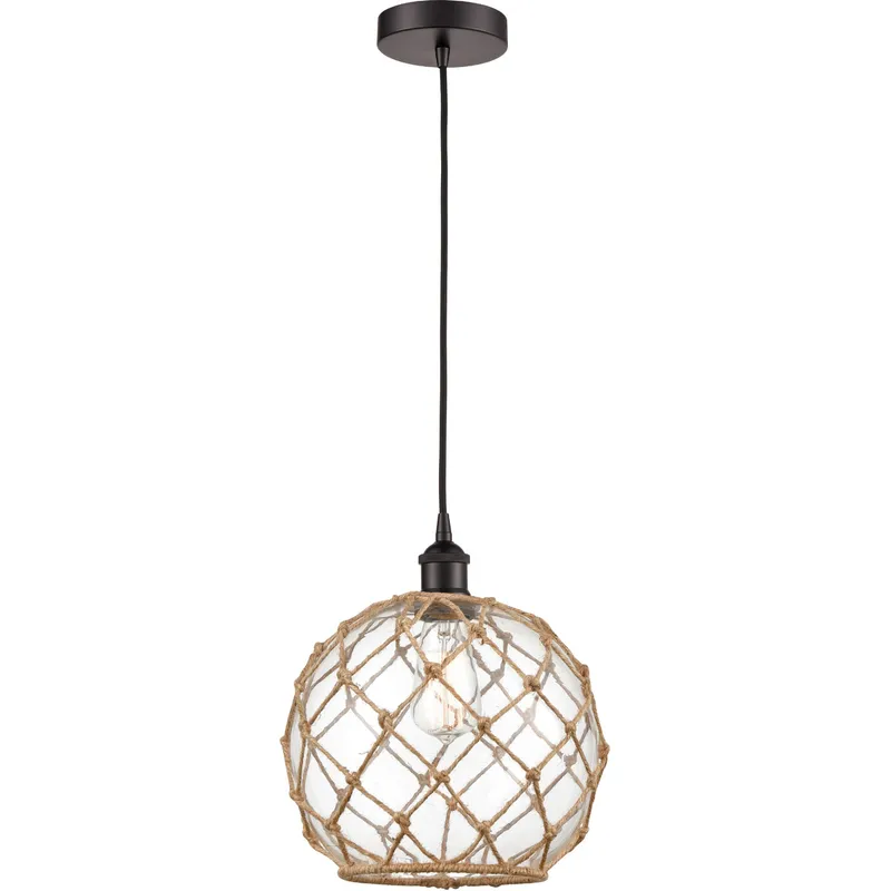 Edison Farmhouse Rope LED 10 inch Oil Rubbed Bronze Mini Pendant Ceiling Light in Clear Glass with Brown Rope