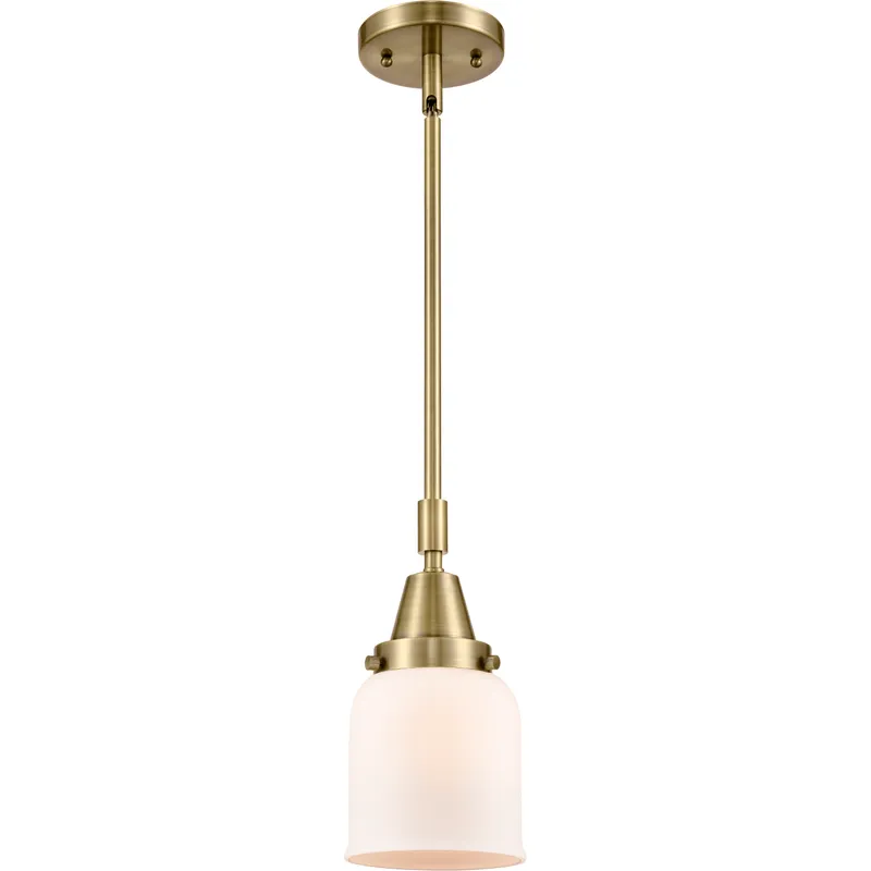 Franklin Restoration Small Bell LED 5 inch Antique Brass Mini Pendant Ceiling Light in Matte White Glass