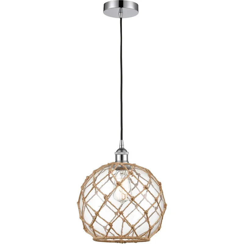 Edison Farmhouse Rope LED 10 inch Polished Chrome Mini Pendant Ceiling Light in Clear Glass with Brown Rope