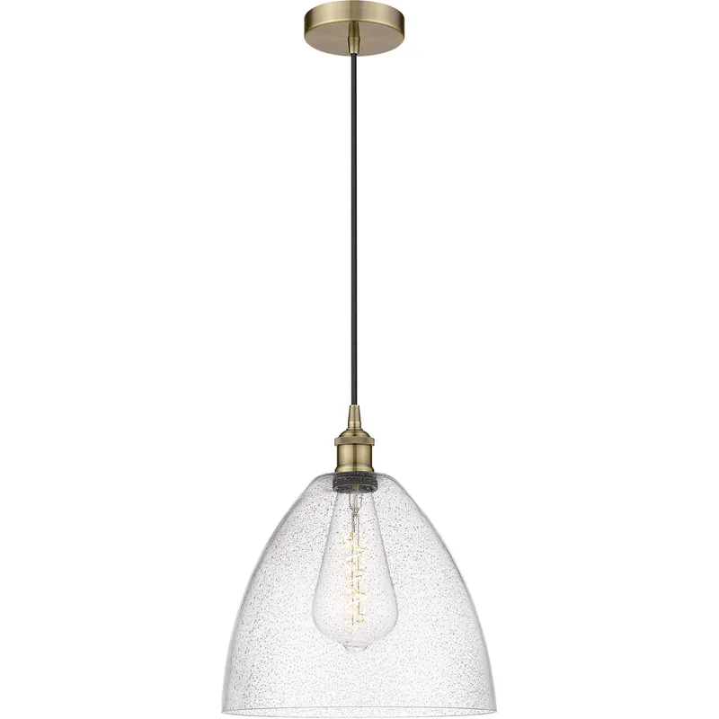 Edison Dome LED 12 inch Antique Brass Mini Pendant Ceiling Light in Seedy Glass