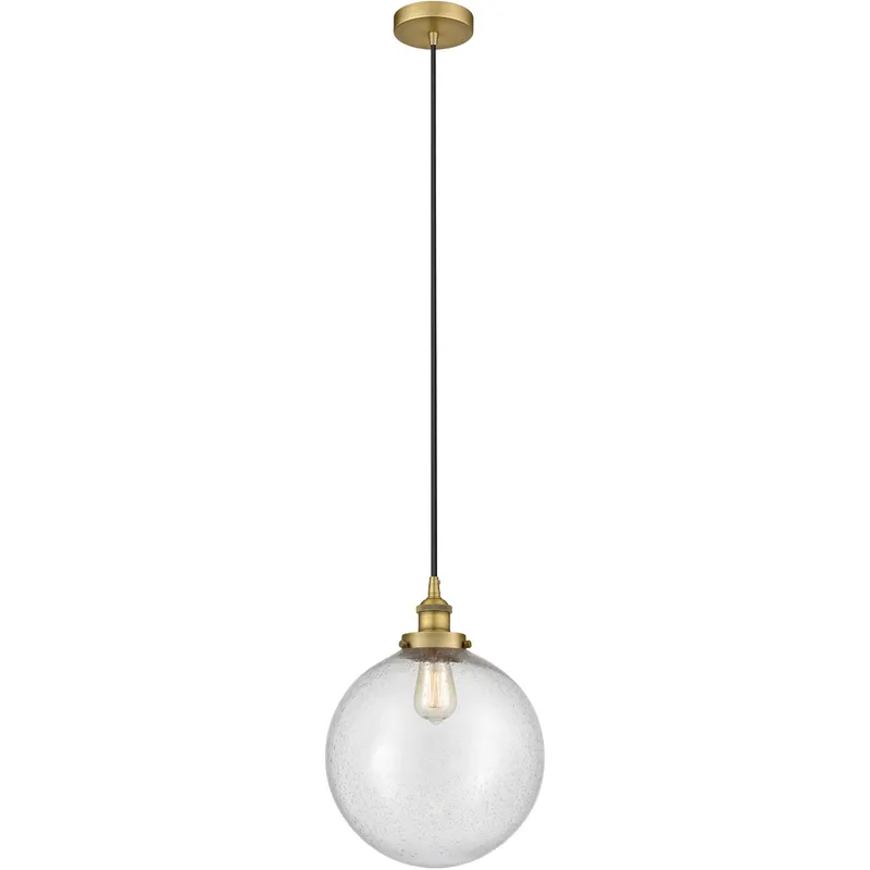 Edison Beacon LED 12 inch Brushed Brass Mini Pendant Ceiling Light in Seedy Glass