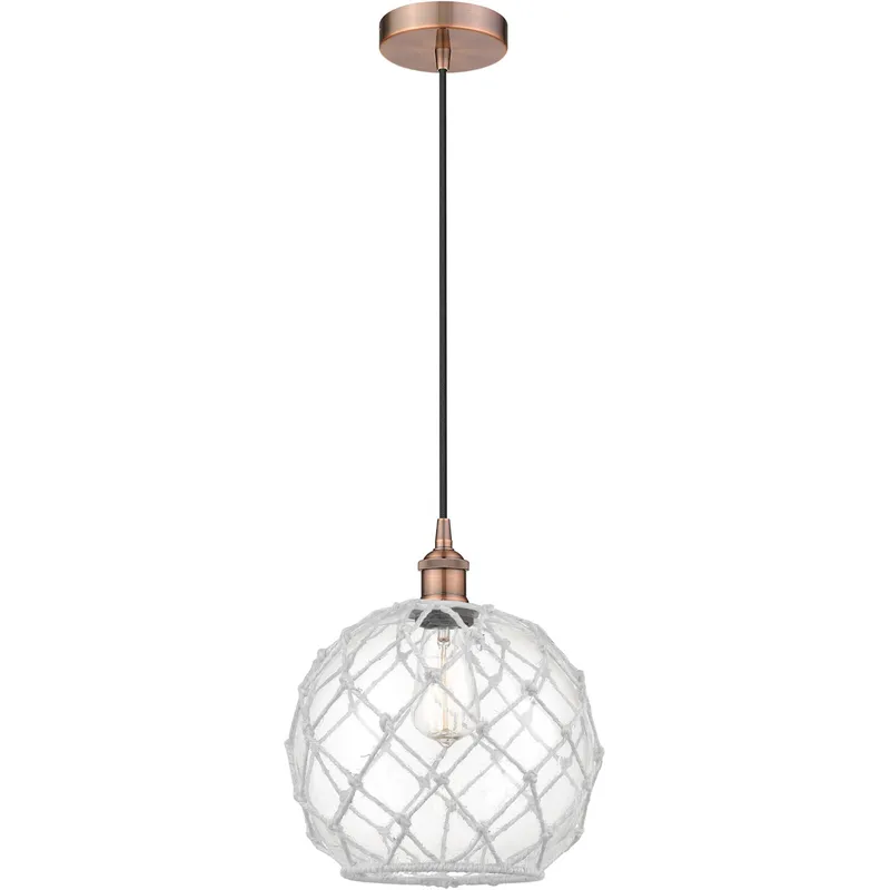 Edison Farmhouse Rope LED 10 inch Antique Copper Mini Pendant Ceiling Light in Clear Glass with White Rope