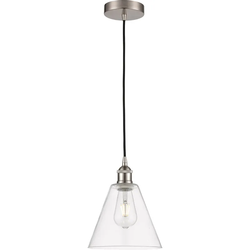 Edison Cone LED 8 inch Brushed Satin Nickel Mini Pendant Ceiling Light in Clear Glass