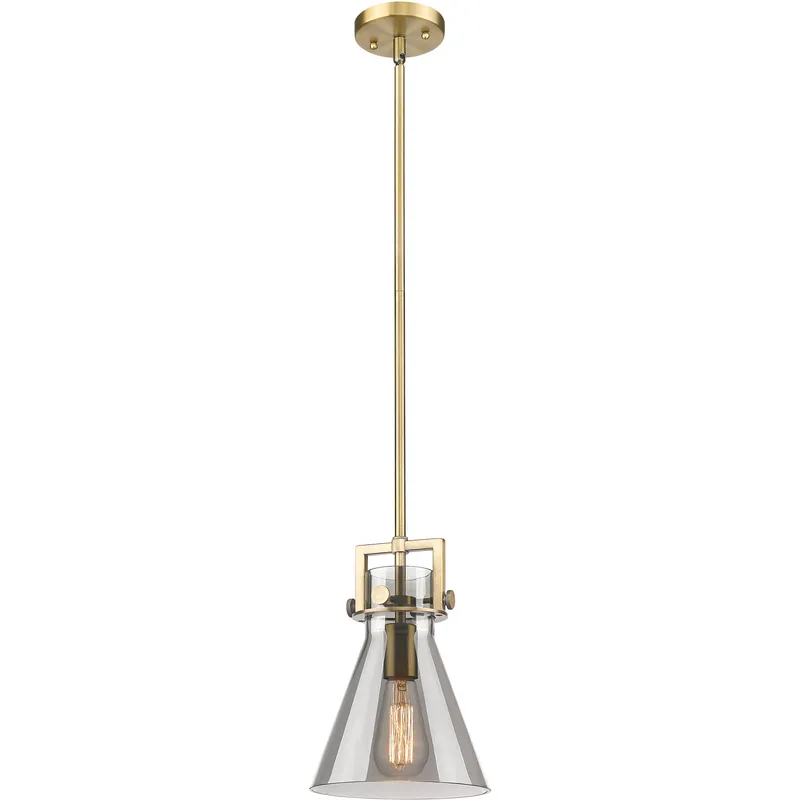 Newton Cone 1 Light 8 inch Brushed Brass Mini Pendant Ceiling Light in Light Smoke Glass