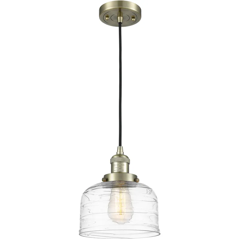 Franklin Restoration Bell 1 Light 8 inch Antique Brass Mini Pendant Ceiling Light in Incandescent, Clear Deco Swirl