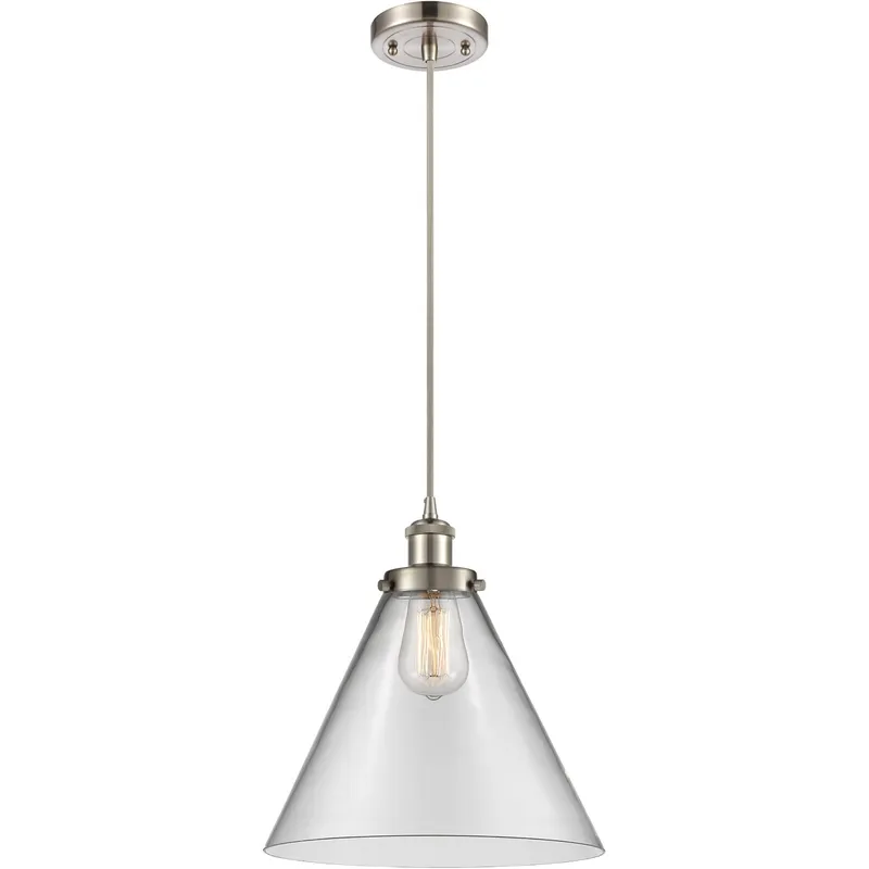 Ballston X-Large Cone LED 8 inch Brushed Satin Nickel Mini Pendant Ceiling Light in Clear Glass, Black Textured