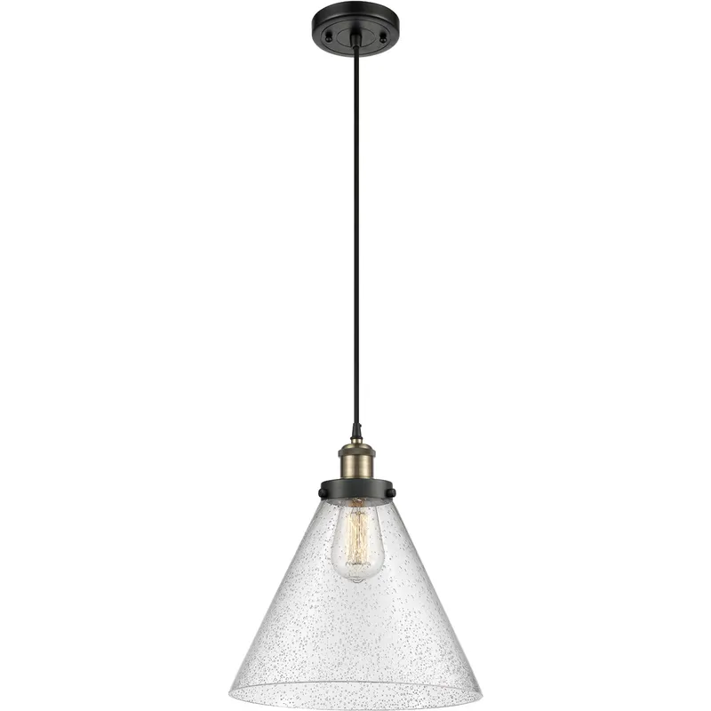 Ballston X-Large Cone LED 8 inch Black Antique Brass Mini Pendant Ceiling Light in Seedy Glass, Black Textured