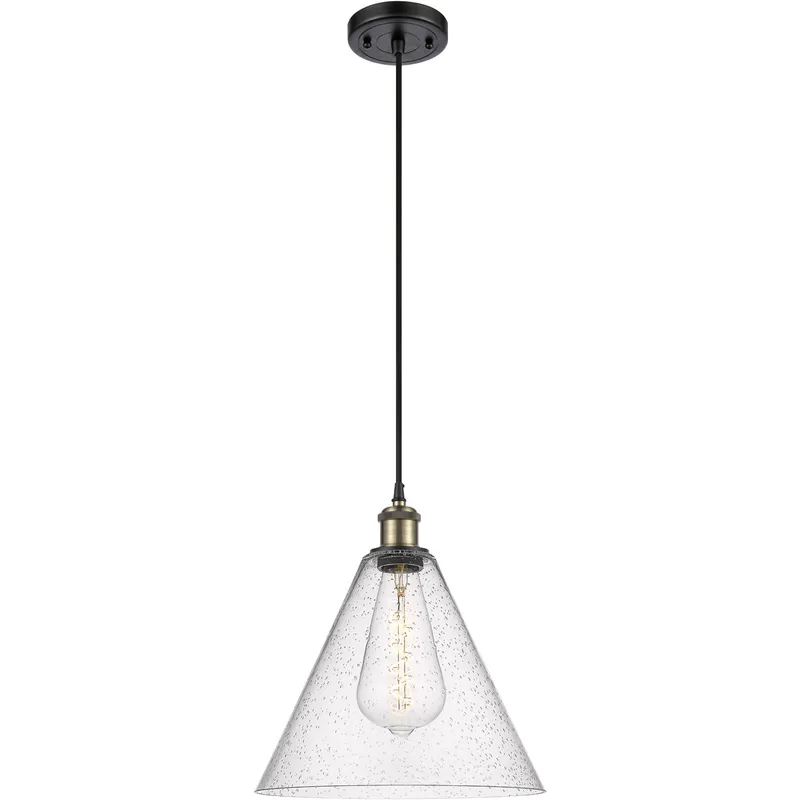 Ballston Cone 1 Light 12 inch Black Antique Brass Mini Pendant Ceiling Light in Seedy Glass, Black Textured