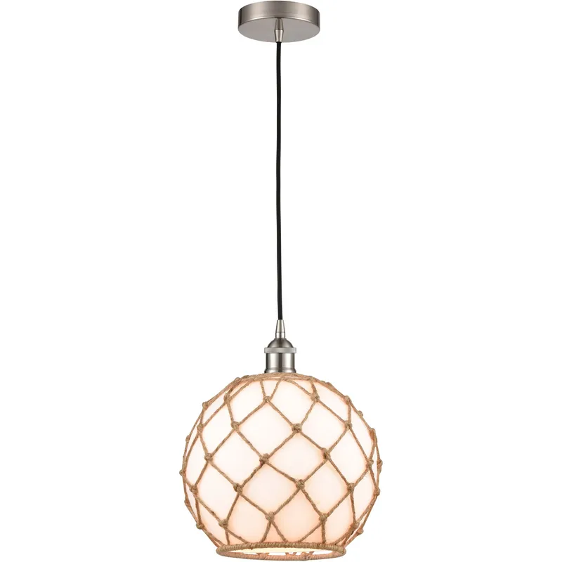 Edison Farmhouse Rope LED 10 inch Brushed Satin Nickel Mini Pendant Ceiling Light in White Glass with Brown Rope