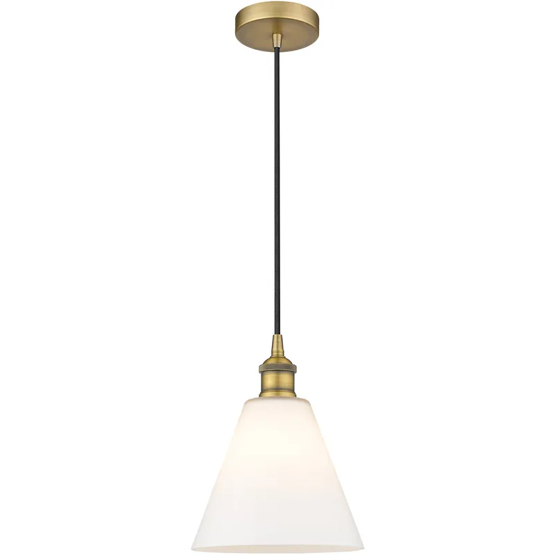 Edison Cone LED 8 inch Brushed Brass Mini Pendant Ceiling Light in Matte White Glass