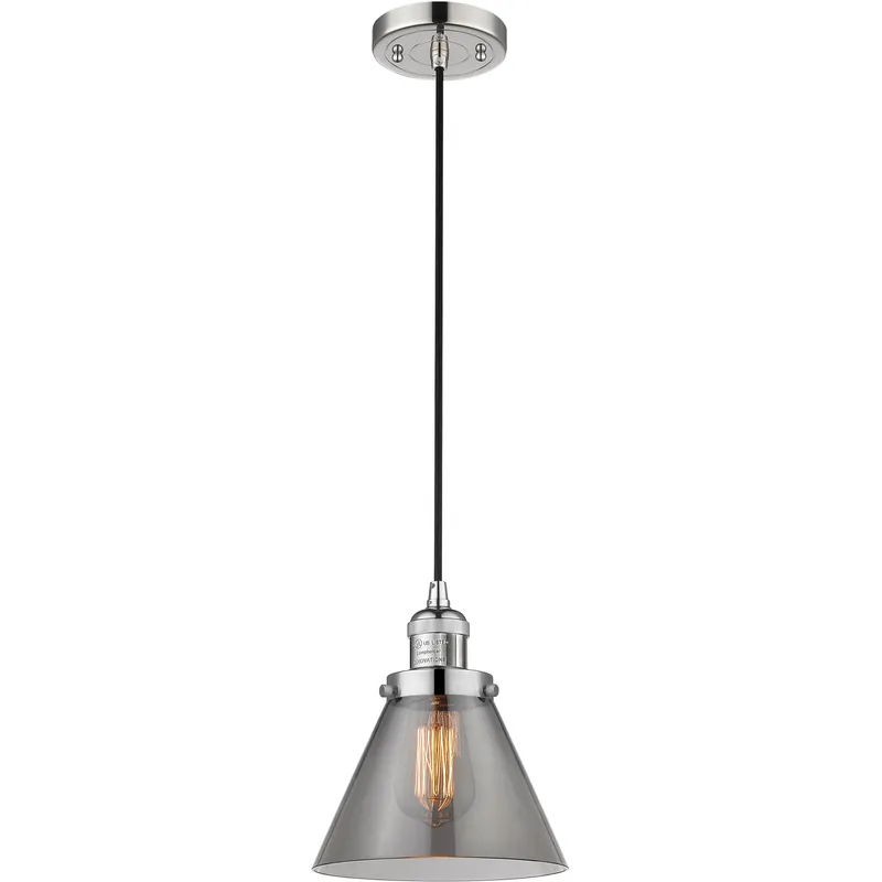 Franklin Restoration Cone LED 8 inch Polished Nickel Mini Pendant Ceiling Light in Light Smoke Glass, Franklin Restoration