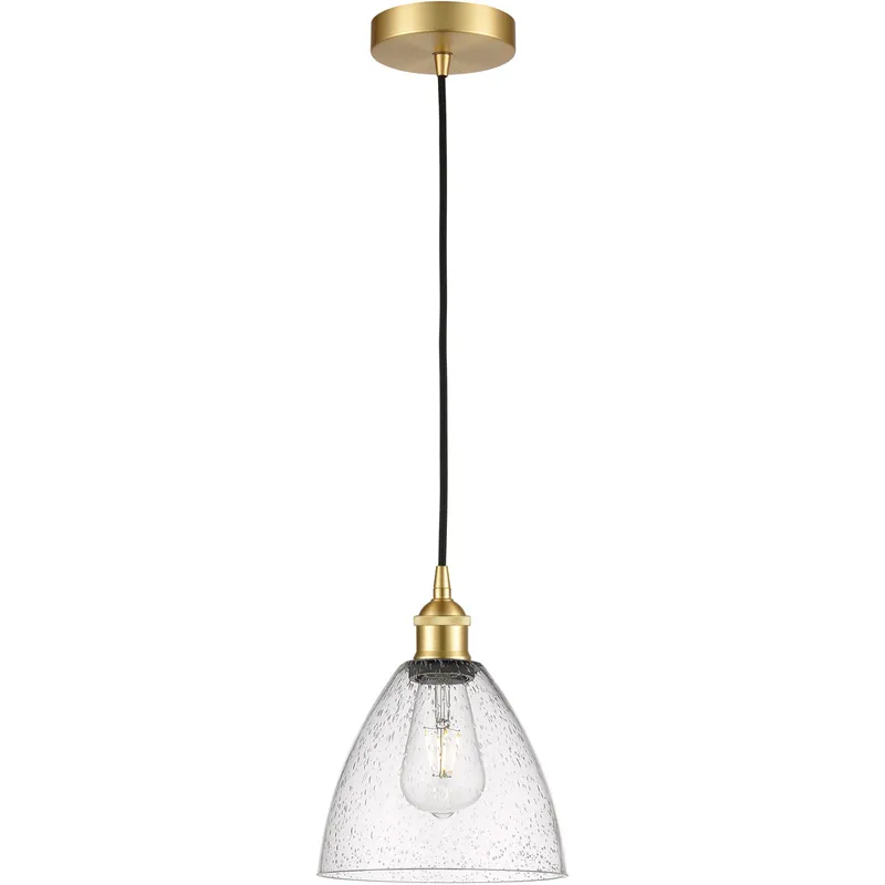Edison Dome LED 7.5 inch Satin Gold Mini Pendant Ceiling Light in Seedy Glass