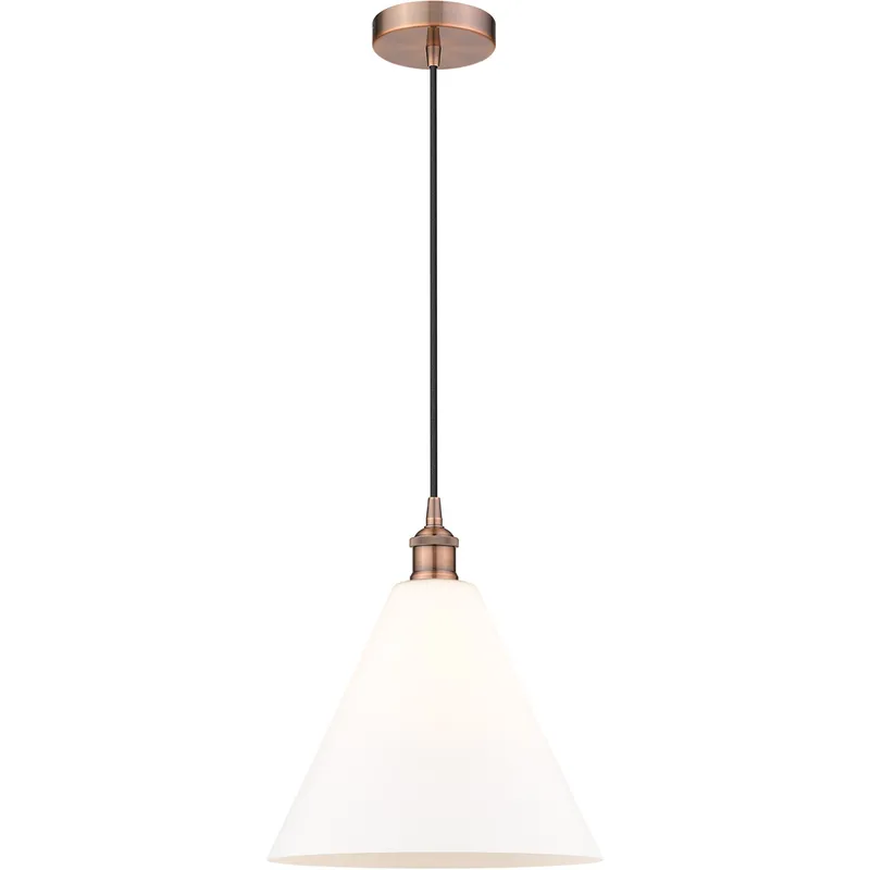 Edison Cone LED 12 inch Antique Copper Mini Pendant Ceiling Light in Matte White Glass