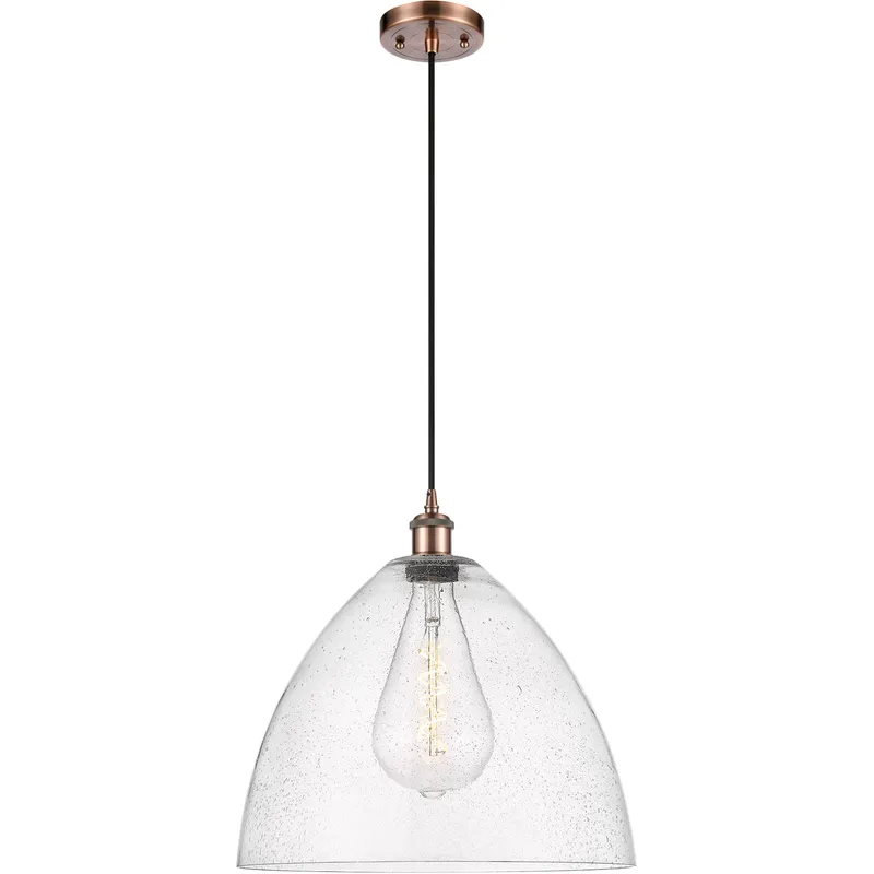 Ballston Dome LED 16 inch Antique Copper Pendant Ceiling Light in Seedy Glass, Black Textured