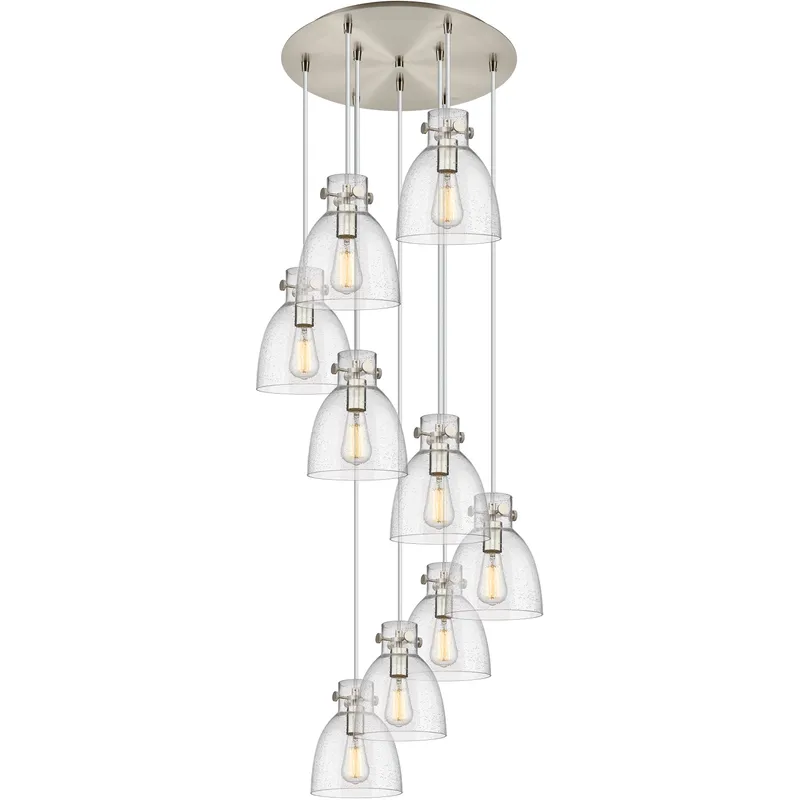 Newton Bell 9 Light 22.13 inch Brushed Satin Nickel Multi Pendant Ceiling Light in Seedy Glass