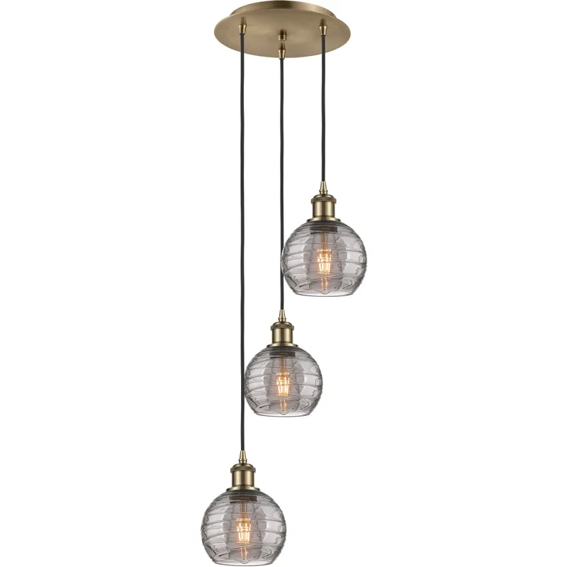 Ballston Athens Deco Swirl 3 Light 12.38 inch Antique Brass Cord Hung Multi Pendant Ceiling Light