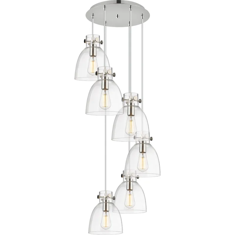 Newton Bell 6 Light 18.63 inch Polished Nickel Multi Pendant Ceiling Light in Clear Glass