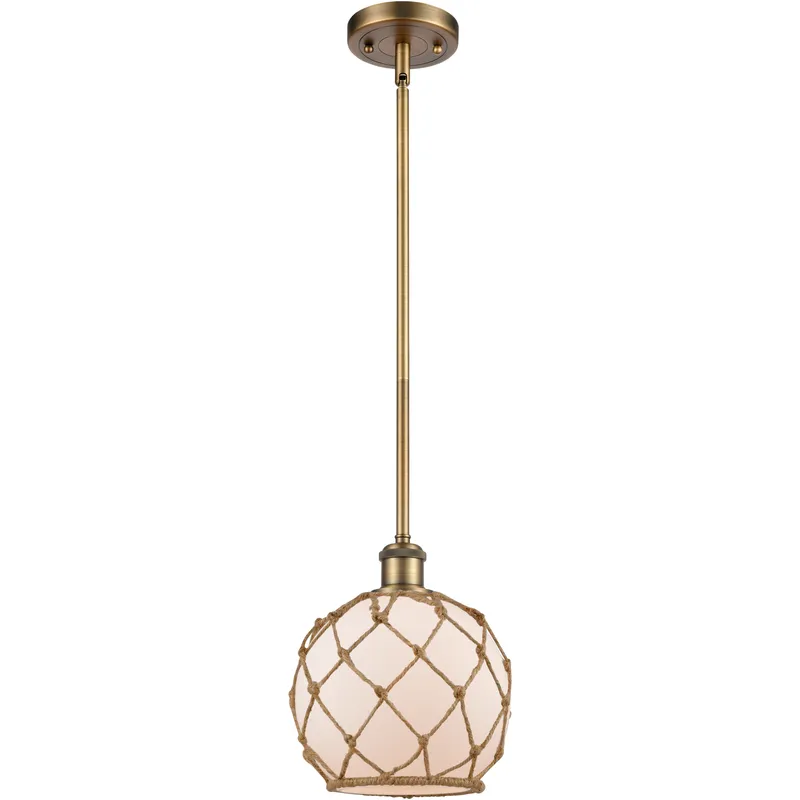 Ballston Farmhouse Rope LED 8 inch Brushed Brass Pendant Ceiling Light in White Glass with Brown Rope, Ballston