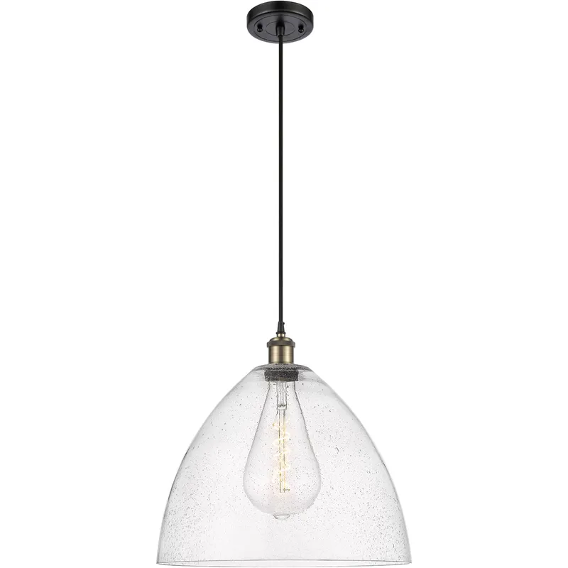 Ballston Dome LED 16 inch Black Antique Brass Pendant Ceiling Light in Seedy Glass, Black Textured