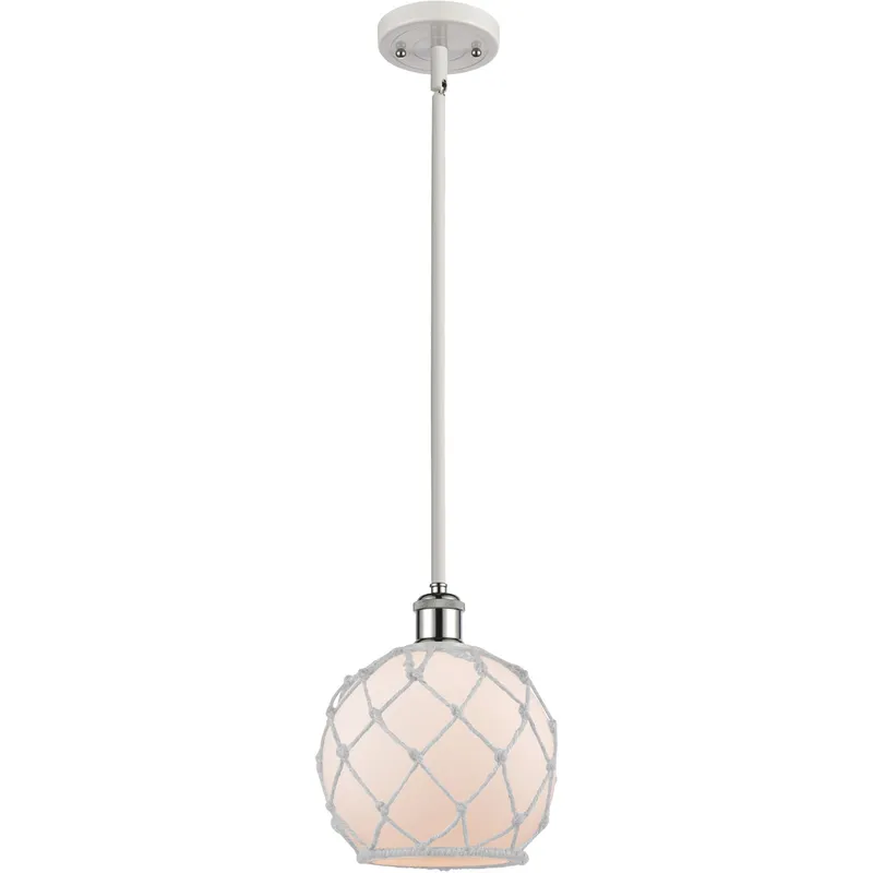 Ballston Farmhouse Rope LED 8 inch White and Polished Chrome Pendant Ceiling Light in White Glass with White Rope, Ballston
