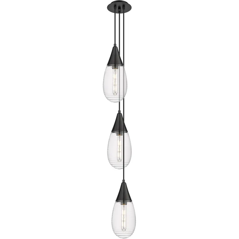 Malone 3 Light 8 inch Matte Black Multi Pendant Ceiling Light in Striped Clear Glass