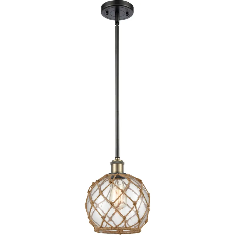 Ballston Farmhouse Rope LED 8 inch Black Antique Brass Pendant Ceiling Light in Clear Glass with Brown Rope, Ballston