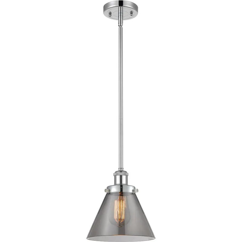 Ballston Large Cone LED 8 inch Polished Chrome Pendant Ceiling Light in Plated Smoke Glass, Ballston