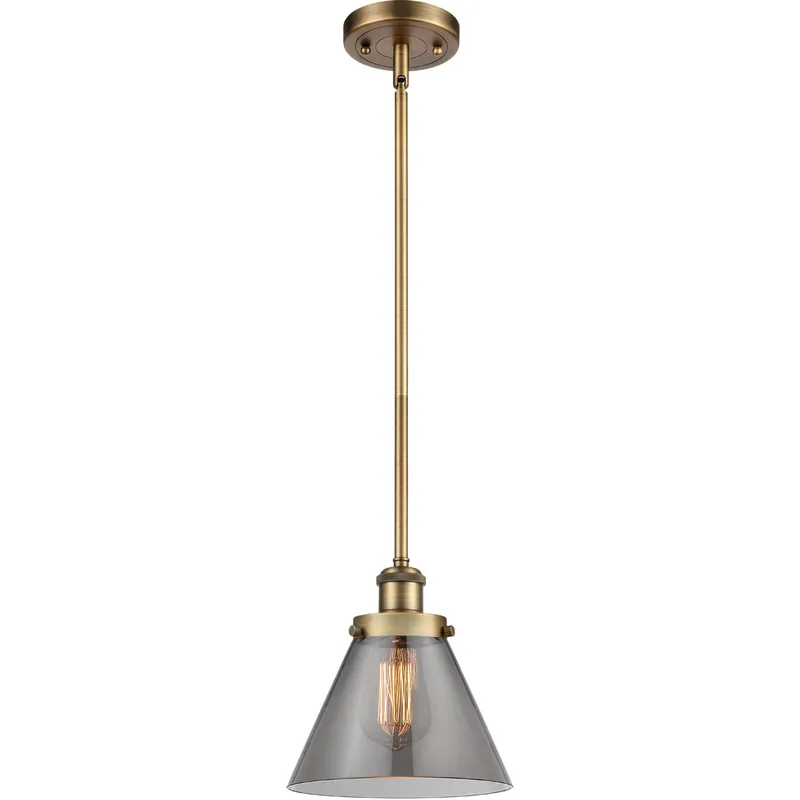 Ballston Large Cone LED 8 inch Brushed Brass Pendant Ceiling Light in Plated Smoke Glass