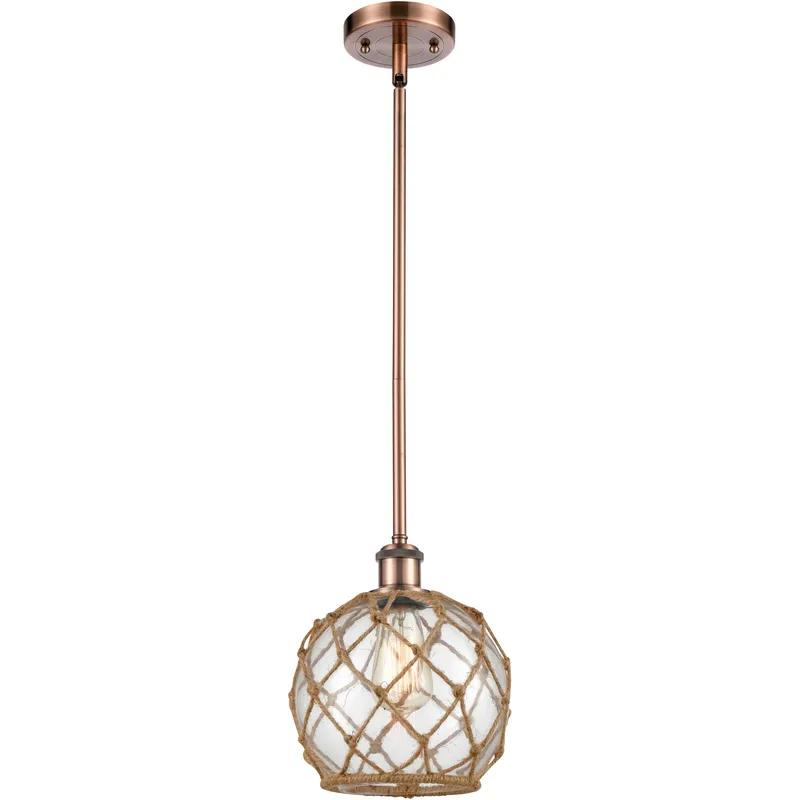 Ballston Farmhouse Rope LED 8 inch Antique Copper Pendant Ceiling Light in Clear Glass with Brown Rope, Ballston