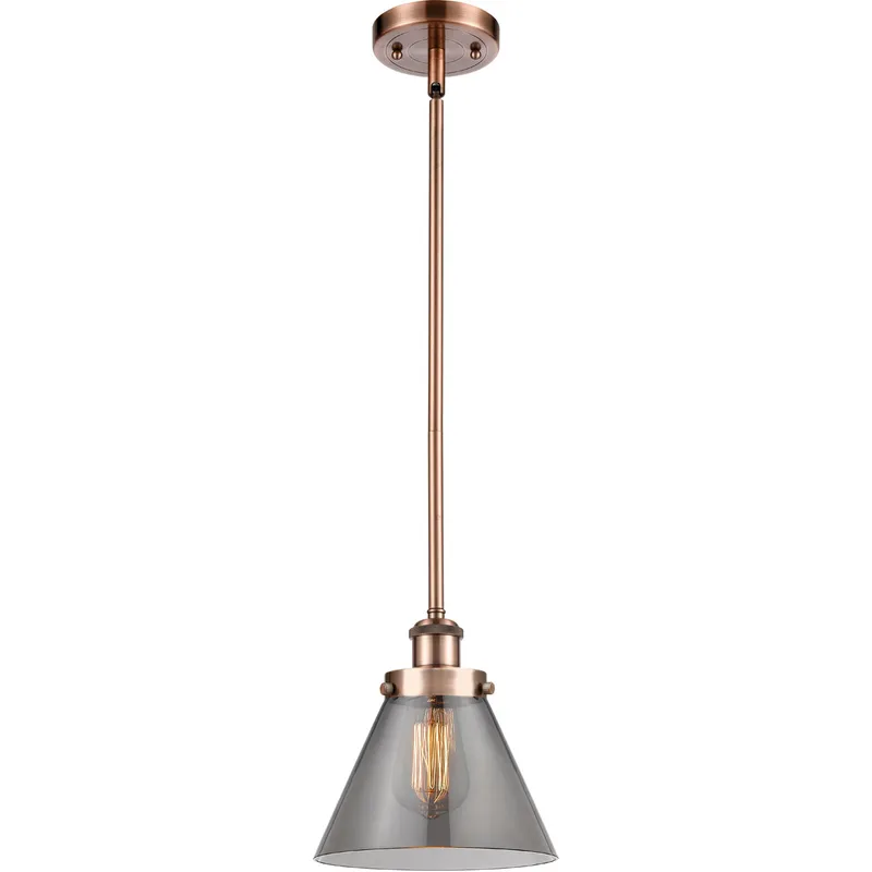 Ballston Large Cone LED 8 inch Antique Copper Pendant Ceiling Light in Plated Smoke Glass