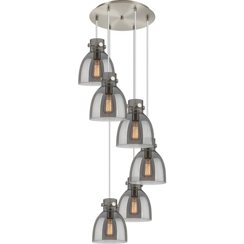 Newton Bell 6 Light 18.63 inch Brushed Satin Nickel Multi Pendant Ceiling Light in Light Smoke Glass
