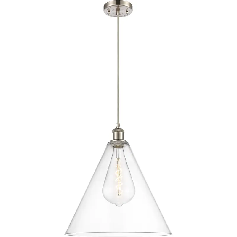 Ballston Cone LED 16 inch Brushed Satin Nickel Pendant Ceiling Light in Clear Glass, Black Textured
