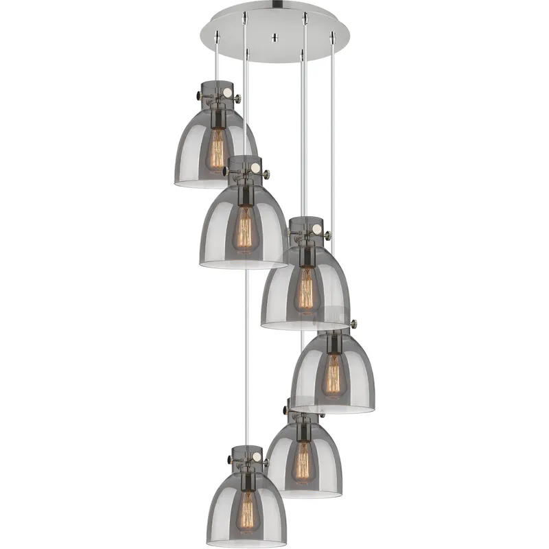 Newton Bell 6 Light 18.63 inch Polished Nickel Multi Pendant Ceiling Light in Light Smoke Glass