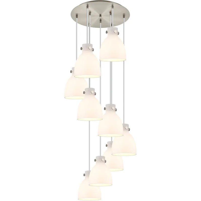 Newton Bell 9 Light 22.13 inch Brushed Satin Nickel Multi Pendant Ceiling Light in White Glass