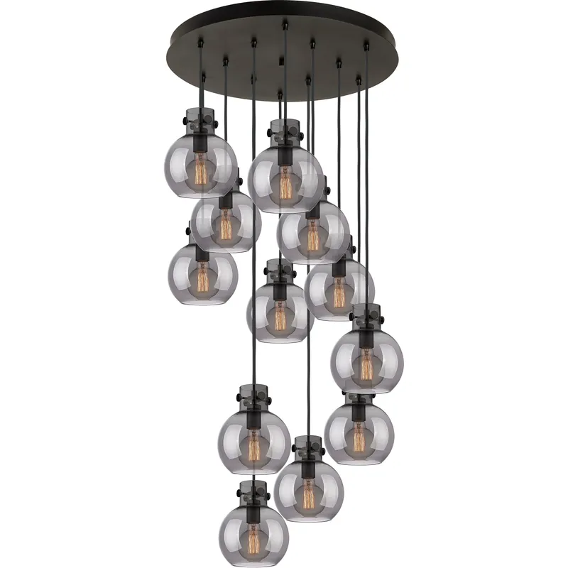 Newton Sphere 12 Light 27.25 inch Matte Black Multi Pendant Ceiling Light in Light Smoke Glass