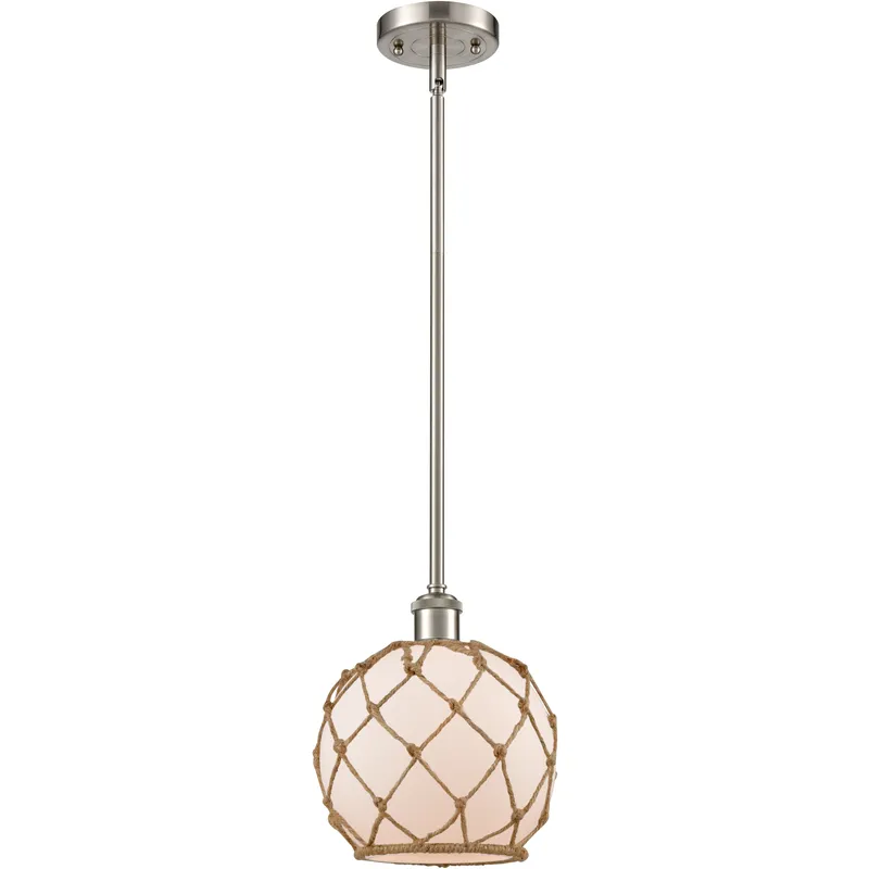 Ballston Farmhouse Rope LED 8 inch Brushed Satin Nickel Pendant Ceiling Light in White Glass with Brown Rope, Ballston