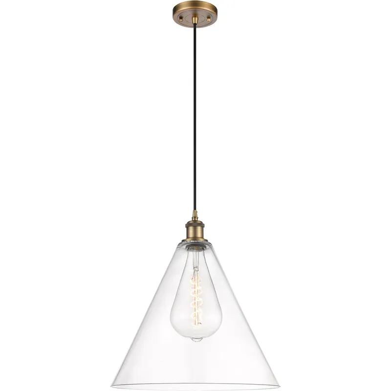 Ballston Cone LED 16 inch Brushed Brass Pendant Ceiling Light in Clear Glass, Black Textured