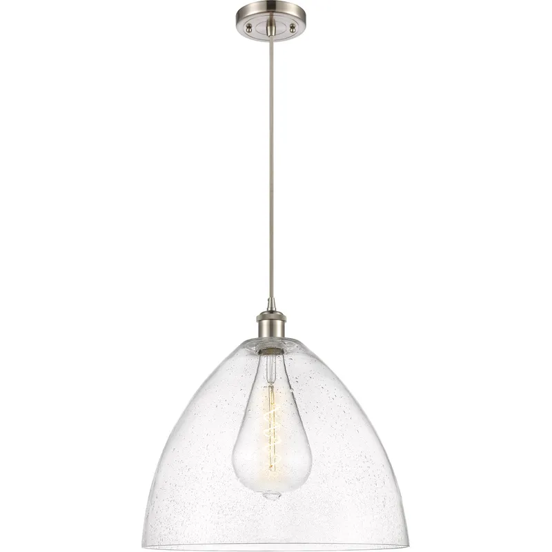 Ballston Dome LED 16 inch Brushed Satin Nickel Pendant Ceiling Light in Seedy Glass, Black Textured