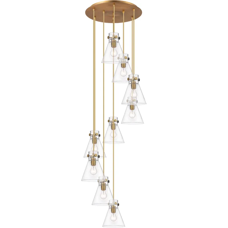 Newton Cone 9 Light 22.13 inch Brushed Brass Multi Pendant Ceiling Light in Clear Glass