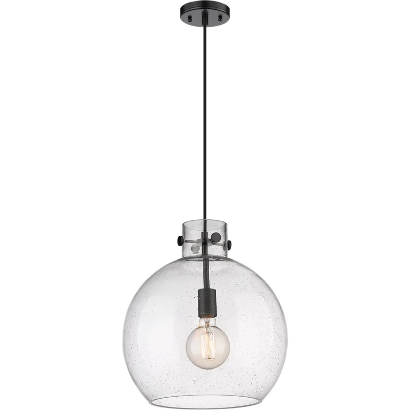 Newton Sphere Pendant Ceiling Light in Matte Black, Seedy Glass