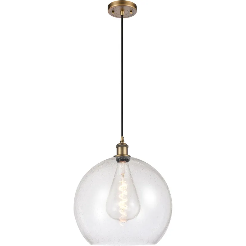 Ballston Athens LED 13.75 inch Brushed Brass Pendant Ceiling Light in Seedy Glass, Black Textured
